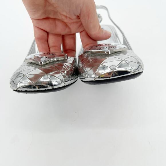 Prada Geometric Silver Metallic Logo Triangle Slingback Pumps In Argento IT 38 - Picture 8 of 13